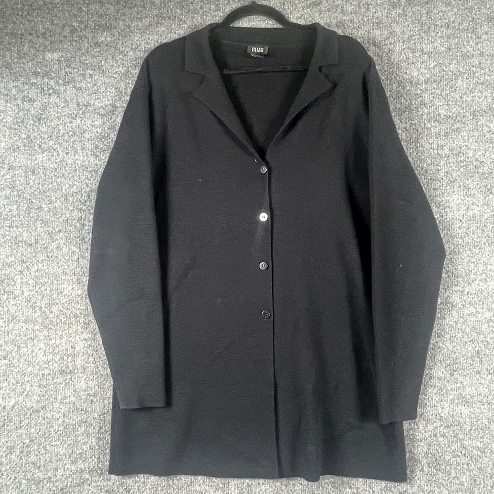 Eileen Fisher Cardigan Womens Large Black Wool Sweater Longline Oversized Luxury
